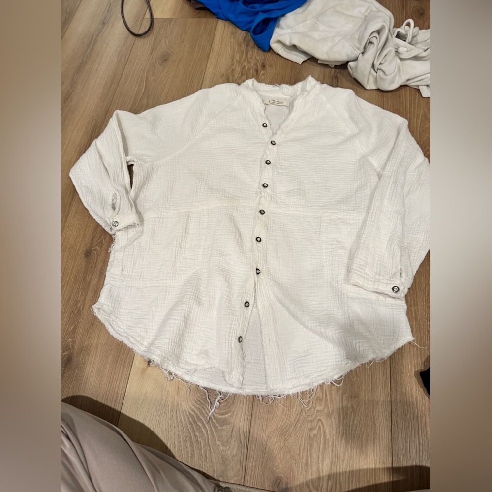 We The Free White Long Sleeve Mandarin Collar Top